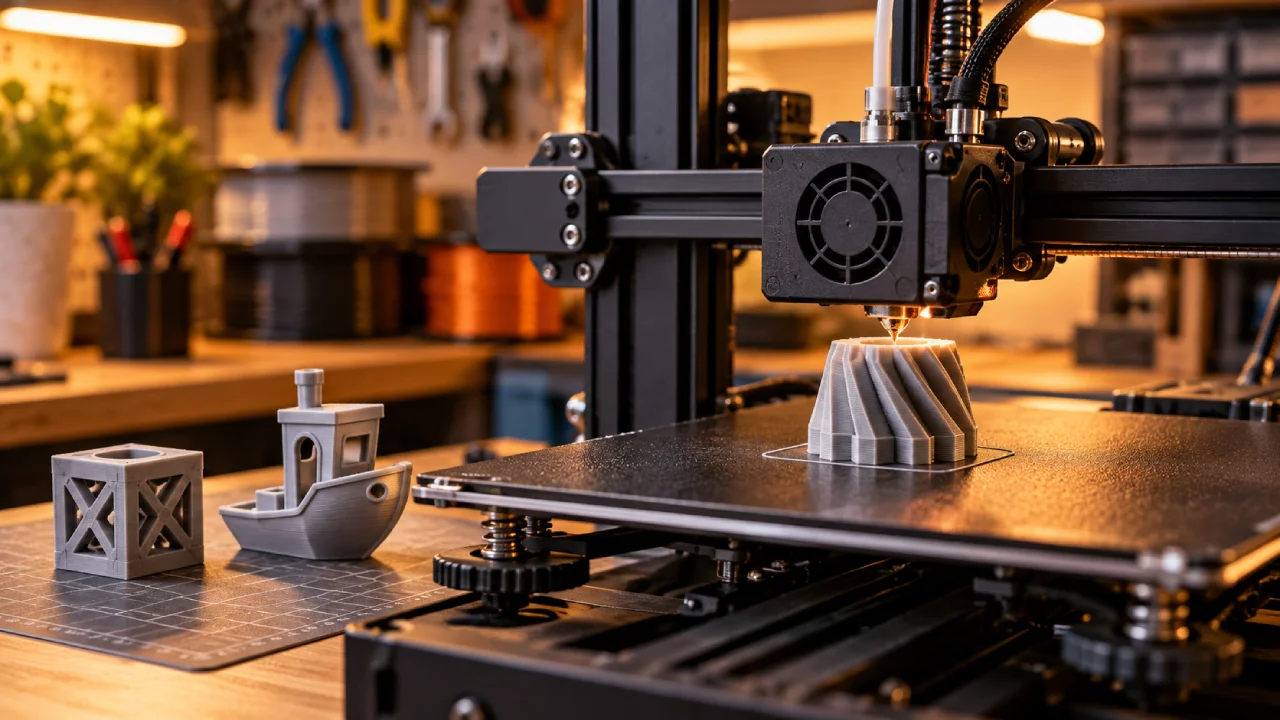 Impressora 3D produz uma peça enquanto outros objetos impressos aparecem concluídos ao lado, ilustrando a impressão sequencial. Impressora 3D produz uma peça enquanto outros objetos impressos aparecem concluídos ao lado, ilustrando a impressão sequencial.