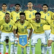 Samuel Lino comemora gol em Índia x Brasil no amistoso em Calcutá