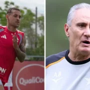 Jogador do Internacional participa de treinamento, à esquerda, enquanto Tite, técnico do Botafogo, aparece à direita em montagem para o Brasileirão 2026.