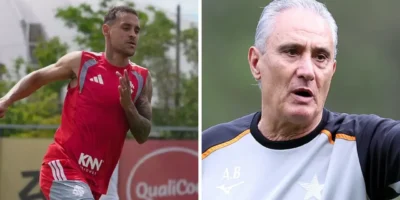 Jogador do Internacional participa de treinamento, à esquerda, enquanto Tite, técnico do Botafogo, aparece à direita em montagem para o Brasileirão 2026.