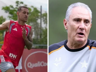 Jogador do Internacional participa de treinamento, à esquerda, enquanto Tite, técnico do Botafogo, aparece à direita em montagem para o Brasileirão 2026.