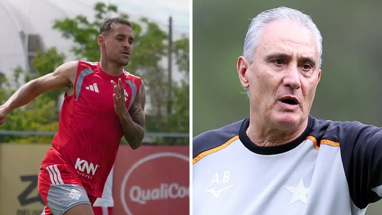 Jogador do Internacional participa de treinamento, à esquerda, enquanto Tite, técnico do Botafogo, aparece à direita em montagem para o Brasileirão 2026.