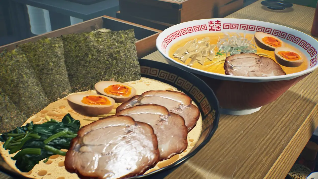Cozinha virtual de Japanese Ramen Simulator com ingredientes e preparo de ramen japonês.