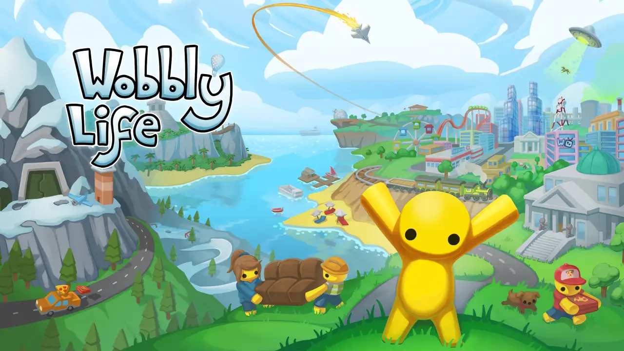 Personagem amarelo de Wobbly Life diante do mapa colorido do jogo