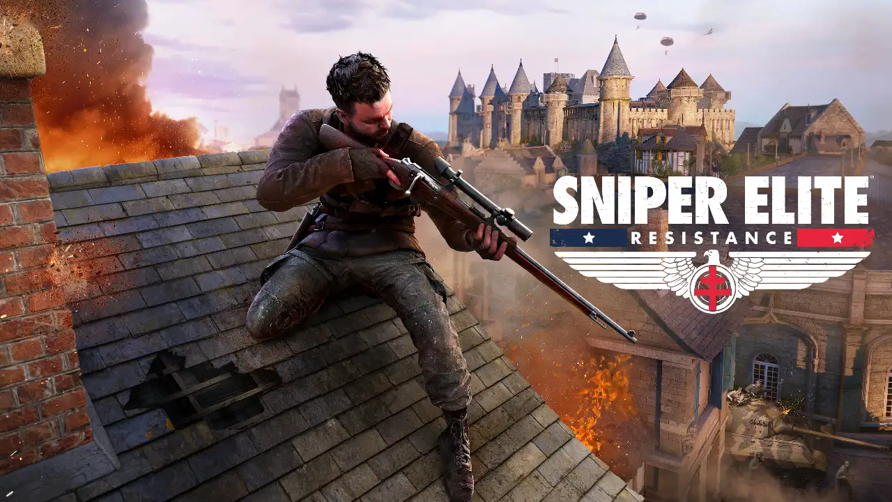Personagem de Sniper Elite Resistance com rifle em cenário de guerra na França