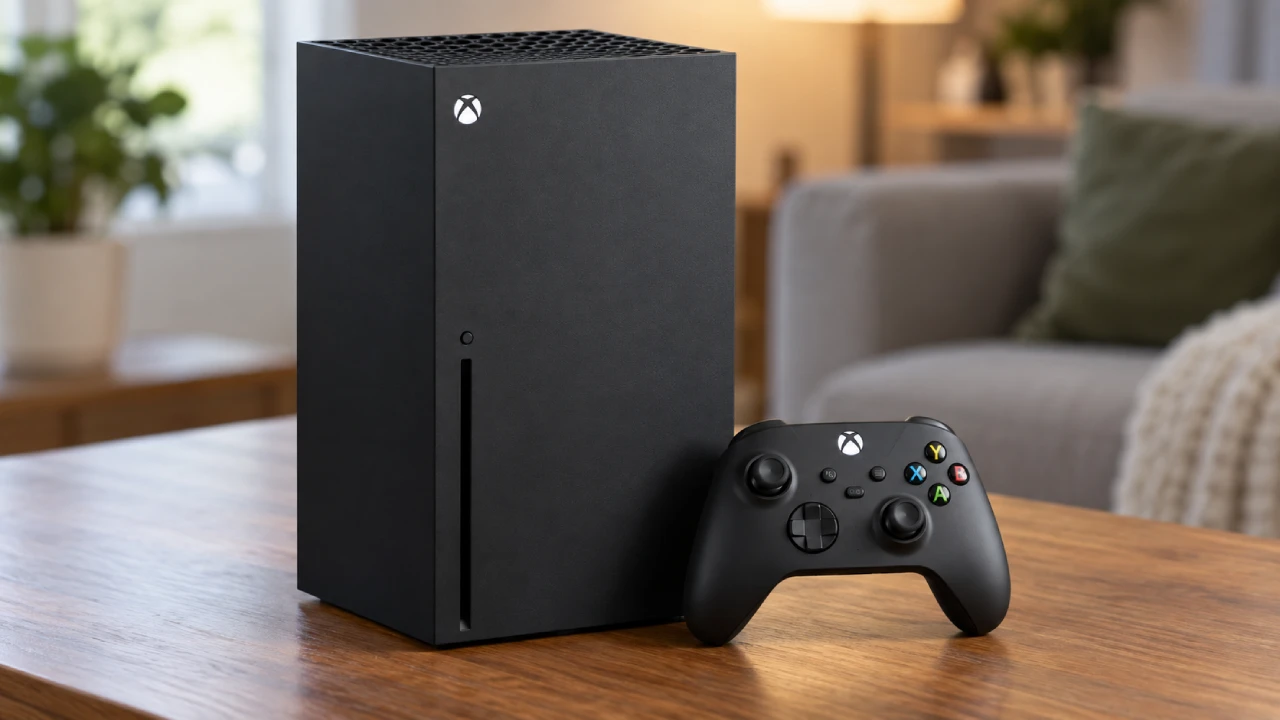 Xbox Series X com controle sobre mesa de madeira Xbox Series X com controle sobre mesa de madeira