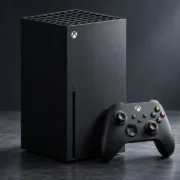 Xbox Series X preto com controle sem fio apoiado à frente do console