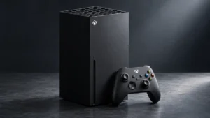 Xbox Series X preto com controle sem fio apoiado à frente do console