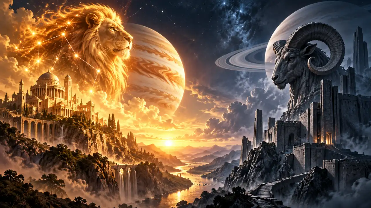 Júpiter em Leão e Saturno em Áries em tensão simbolizam expansão, ambição, limites e necessidade de estrutura