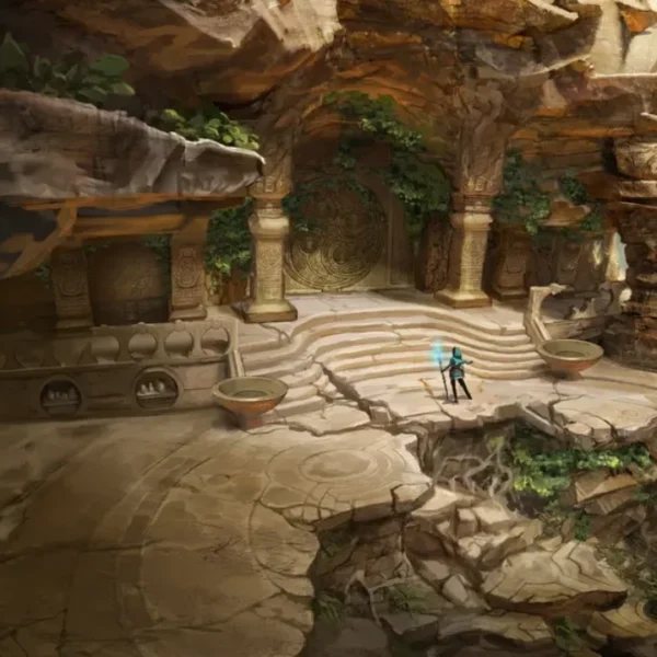 Kena sobre companheiro espiritual cristalino na ilha de Kosmora em Scars of Kosmora