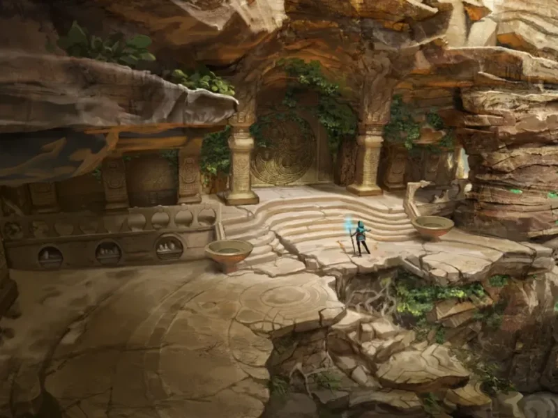 Kena sobre companheiro espiritual cristalino na ilha de Kosmora em Scars of Kosmora