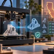Impressora 3D fabrica peça mecânica enquanto sistema digital analisa o arquivo na Califórnia