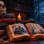 Livros antigos de terror, caveira, corvo e velas acesas em uma biblioteca sombria, com uma mansão assombrada iluminada pela lua cheia.