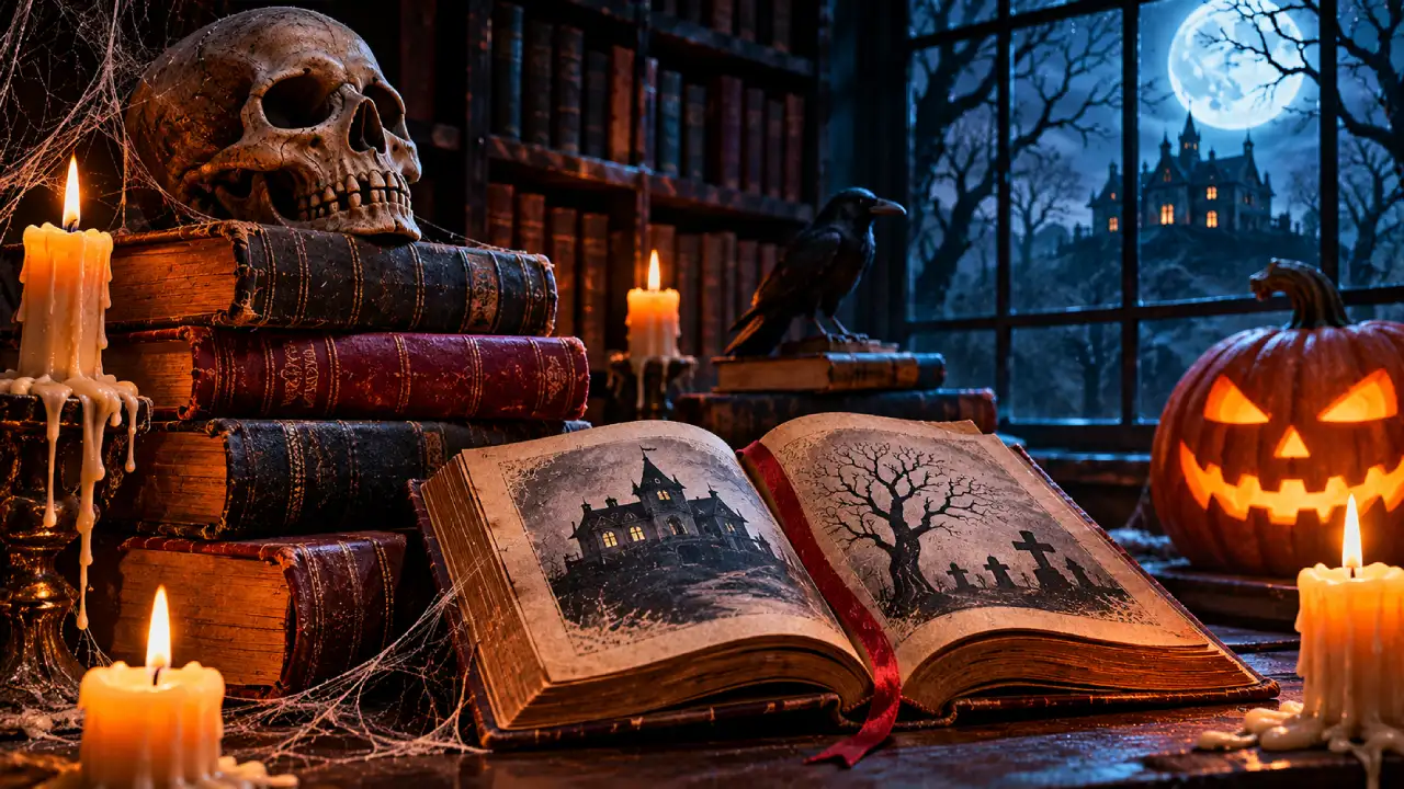 Livros antigos de terror, caveira, corvo e velas acesas em uma biblioteca sombria, com uma mansão assombrada iluminada pela lua cheia. Livros antigos de terror, caveira, corvo e velas acesas em uma biblioteca sombria, com uma mansão assombrada iluminada pela lua cheia.