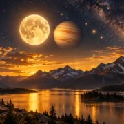 Lua e Júpiter aparecem próximos no céu sobre lago e montanhas ao amanhecer