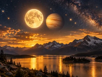 Lua e Júpiter aparecem próximos no céu sobre lago e montanhas ao amanhecer
