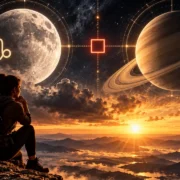 Pessoa observa a Lua em Capricórnio e Saturno sob céu astrológico, simbolizando cobrança, limites e paciência