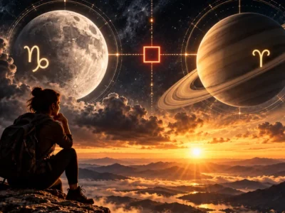 Pessoa observa a Lua em Capricórnio e Saturno sob céu astrológico, simbolizando cobrança, limites e paciência