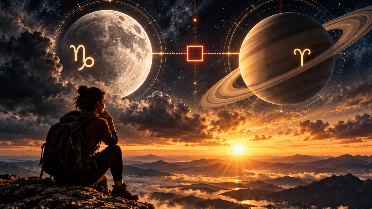 Pessoa observa a Lua em Capricórnio e Saturno sob céu astrológico, simbolizando cobrança, limites e paciência