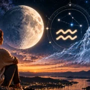 Lua em Aquário sobre cidade e montanhas simboliza liberdade, inovação, amizades e novas perspectivas