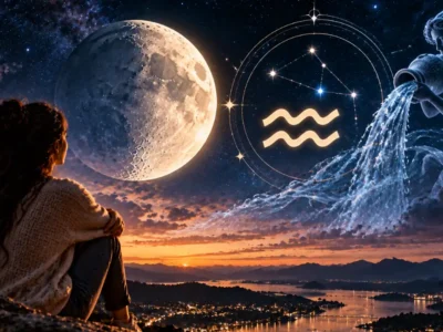 Lua em Aquário sobre cidade e montanhas simboliza liberdade, inovação, amizades e novas perspectivas