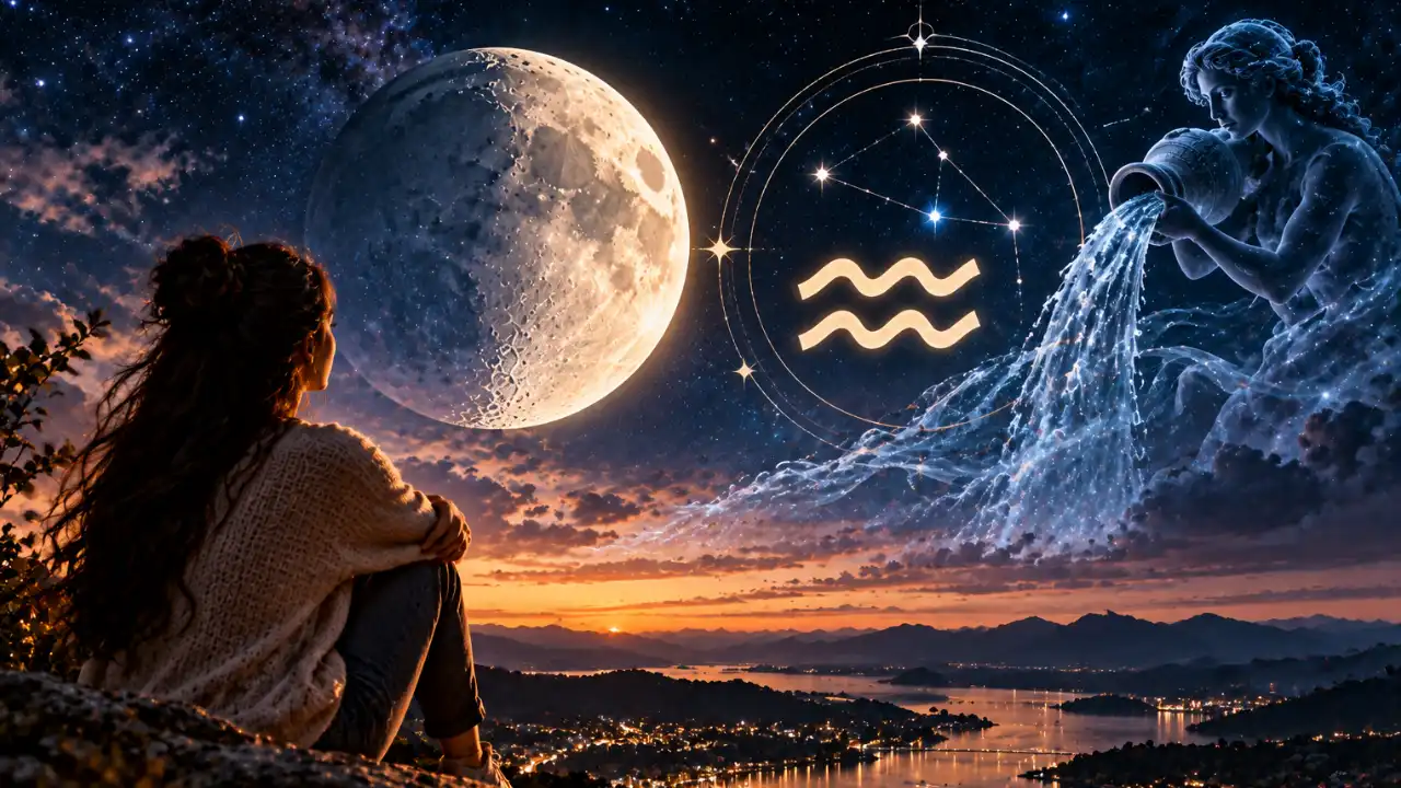 Lua em Aquário sobre cidade e montanhas simboliza liberdade, inovação, amizades e novas perspectivas