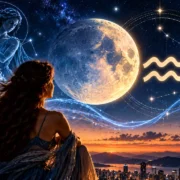 Lua em Aquário sobre cidade iluminada simboliza inovação, tecnologia, amizades e novas ideias