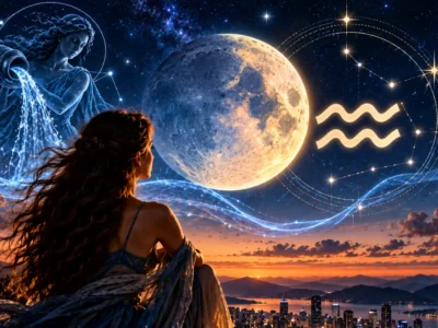 Lua em Aquário sobre cidade iluminada simboliza inovação, tecnologia, amizades e novas ideias
