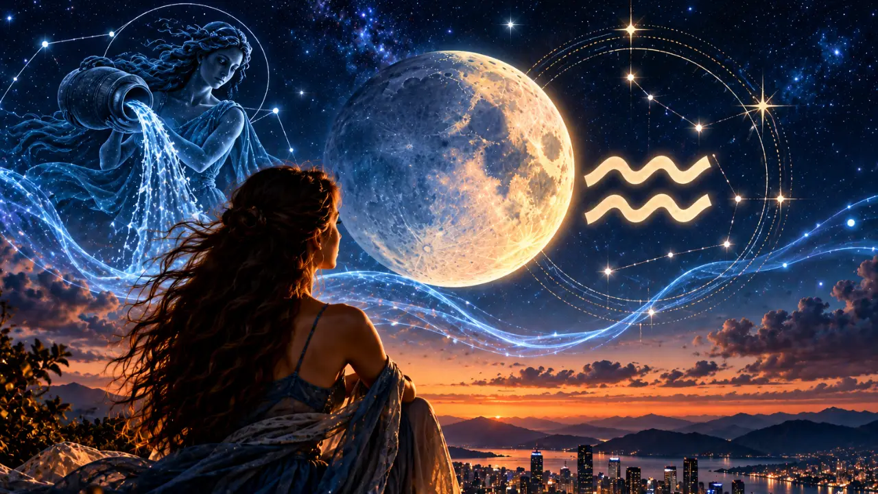 Lua em Aquário sobre cidade iluminada simboliza inovação, tecnologia, amizades e novas ideias