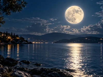 Lua cheia iluminando uma paisagem costeira com montanhas e reflexo sobre a água