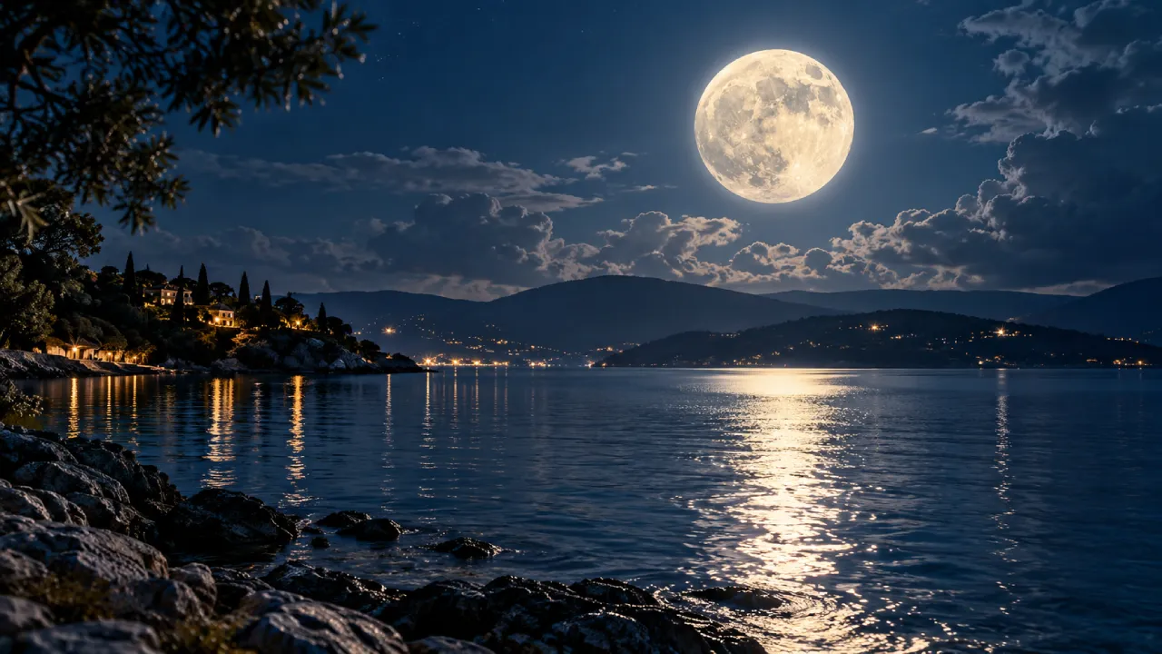 Lua cheia iluminando uma paisagem costeira com montanhas e reflexo sobre a água Lua cheia iluminando uma paisagem costeira com montanhas e reflexo sobre a água