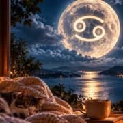 Lua em Câncer sobre paisagem noturna simboliza recolhimento, descanso, casa e recuperação emocional após um dia tenso