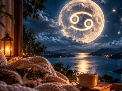 Lua em Câncer sobre paisagem noturna simboliza recolhimento, descanso, casa e recuperação emocional após um dia tenso