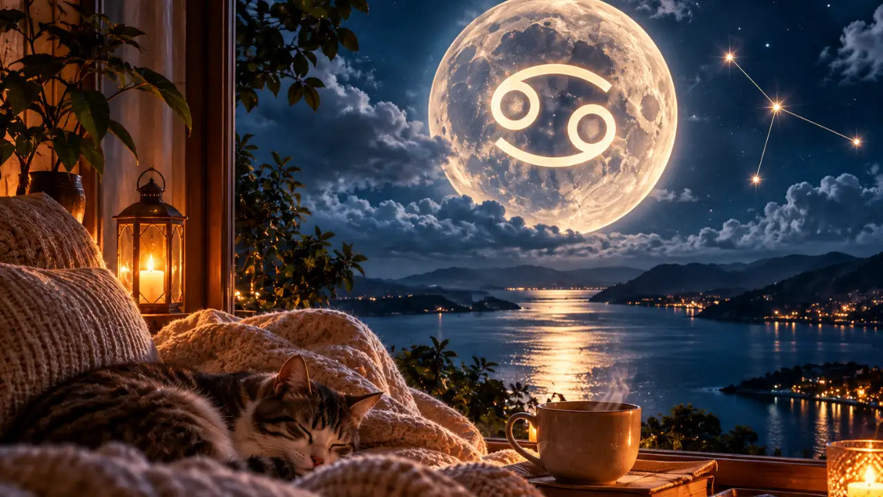 Lua em Câncer sobre paisagem noturna simboliza recolhimento, descanso, casa e recuperação emocional após um dia tenso Lua em Câncer sobre paisagem noturna simboliza recolhimento, descanso, casa e recuperação emocional após um dia tenso
