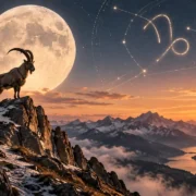 Lua em Capricórnio sobre montanhas com cabra-montês e símbolo do signo, representando foco e responsabilidade