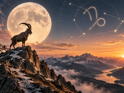Lua em Capricórnio sobre montanhas com cabra-montês e símbolo do signo, representando foco e responsabilidade
