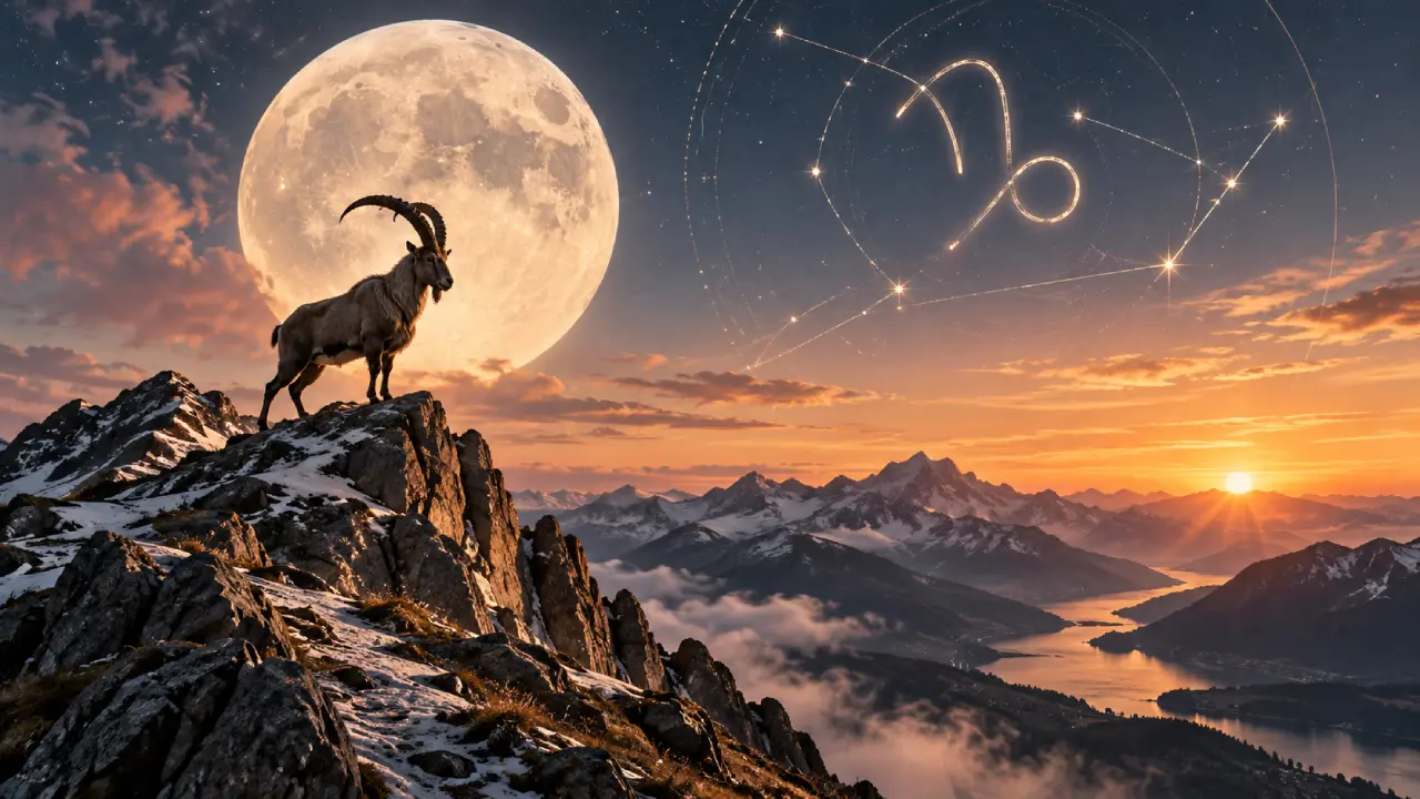 Lua em Capricórnio sobre montanhas com cabra-montês e símbolo do signo, representando foco e responsabilidade Lua em Capricórnio sobre montanhas com cabra-montês e símbolo do signo, representando foco e responsabilidade