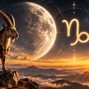 Lua em Capricórnio sobre montanhas com cabra-montês e símbolo do signo, representando metas, trabalho e planejamento