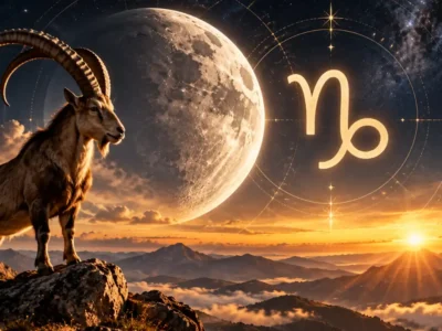 Lua em Capricórnio sobre montanhas com cabra-montês e símbolo do signo, representando metas, trabalho e planejamento