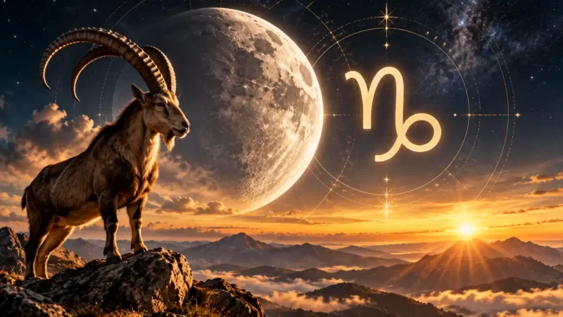 Lua em Capricórnio sobre montanhas com cabra-montês e símbolo do signo, representando metas, trabalho e planejamento