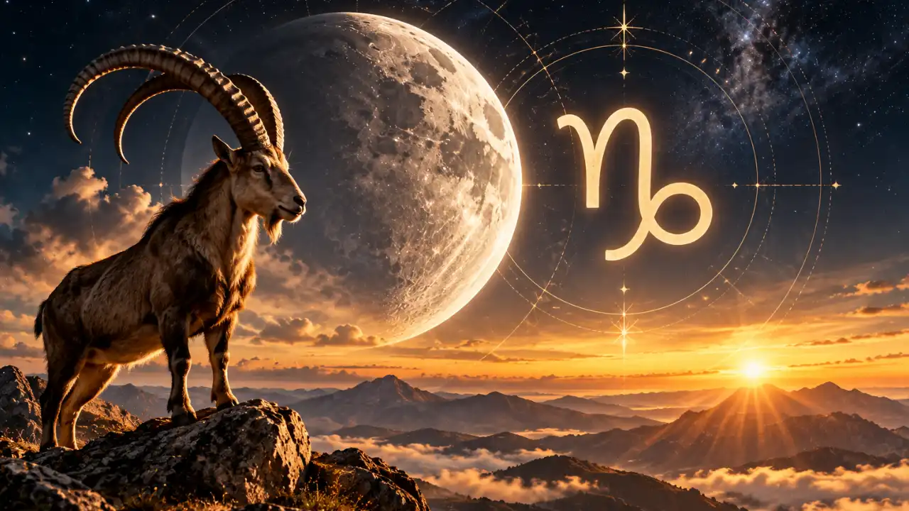 Lua em Capricórnio sobre montanhas com cabra-montês e símbolo do signo, representando metas, trabalho e planejamento Lua em Capricórnio sobre montanhas com cabra-montês e símbolo do signo, representando metas, trabalho e planejamento