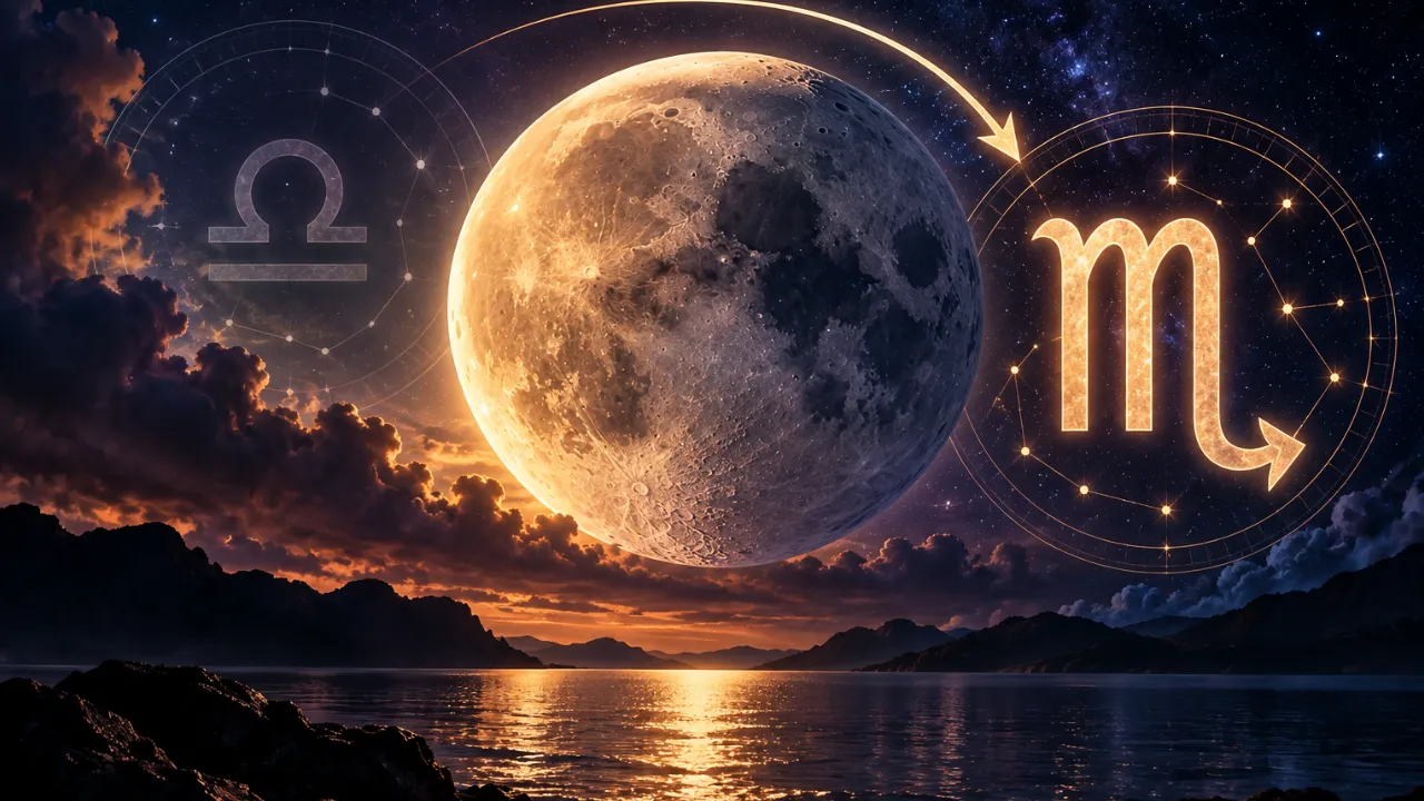 Lua entra em Escorpião após deixar Libra em representação astrológica Lua entra em Escorpião após deixar Libra em representação astrológica