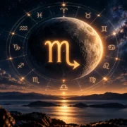 Lua em Escorpião aparece ao centro de uma roda zodiacal sobre paisagem noturna