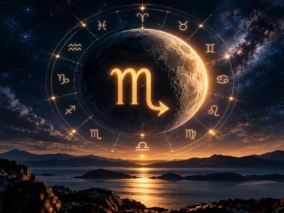 Lua em Escorpião aparece ao centro de uma roda zodiacal sobre paisagem noturna