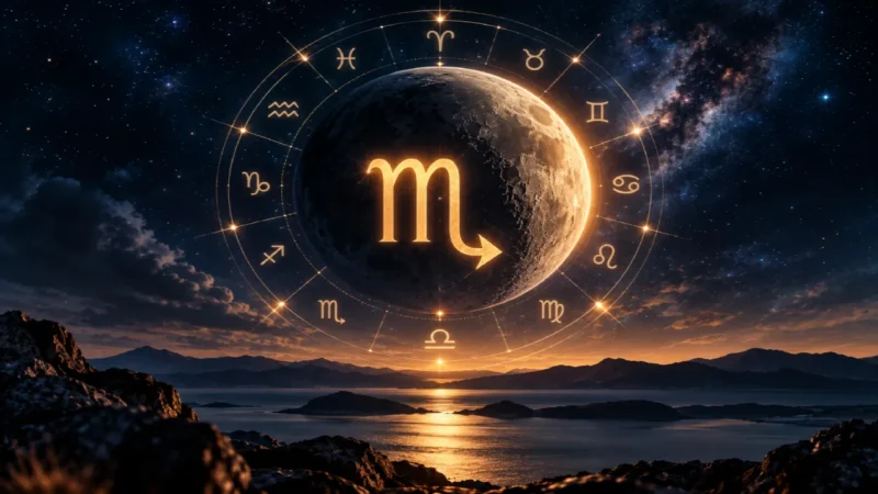 Lua em Escorpião aparece ao centro de uma roda zodiacal sobre paisagem noturna