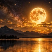 Lua dourada iluminando lago e montanhas sob céu estrelado