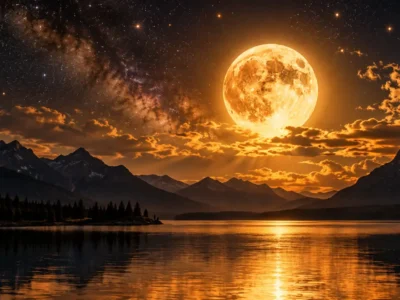 Lua dourada iluminando lago e montanhas sob céu estrelado