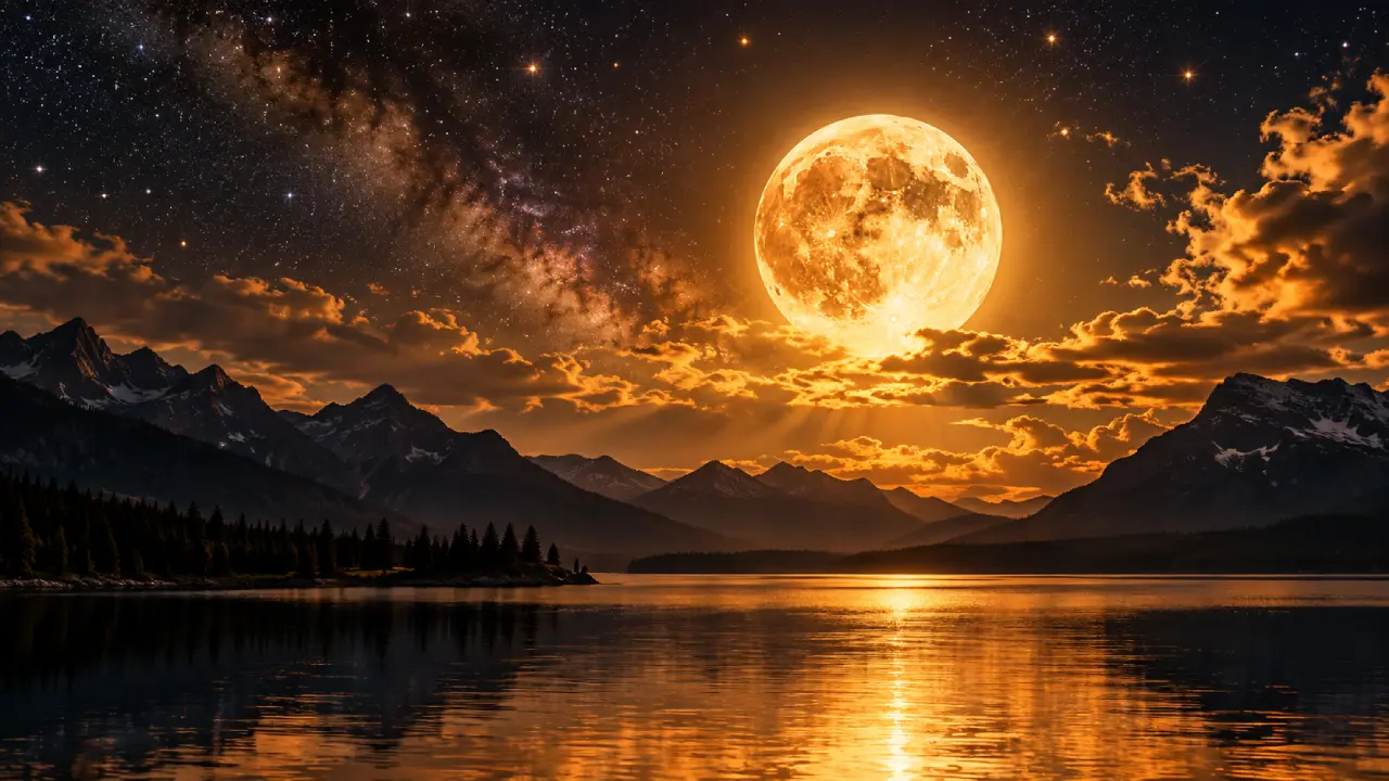 Lua dourada iluminando lago e montanhas sob céu estrelado