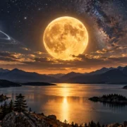 Lua dourada em destaque entre dois corpos celestes sobre lago e montanhas