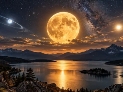 Lua dourada em destaque entre dois corpos celestes sobre lago e montanhas